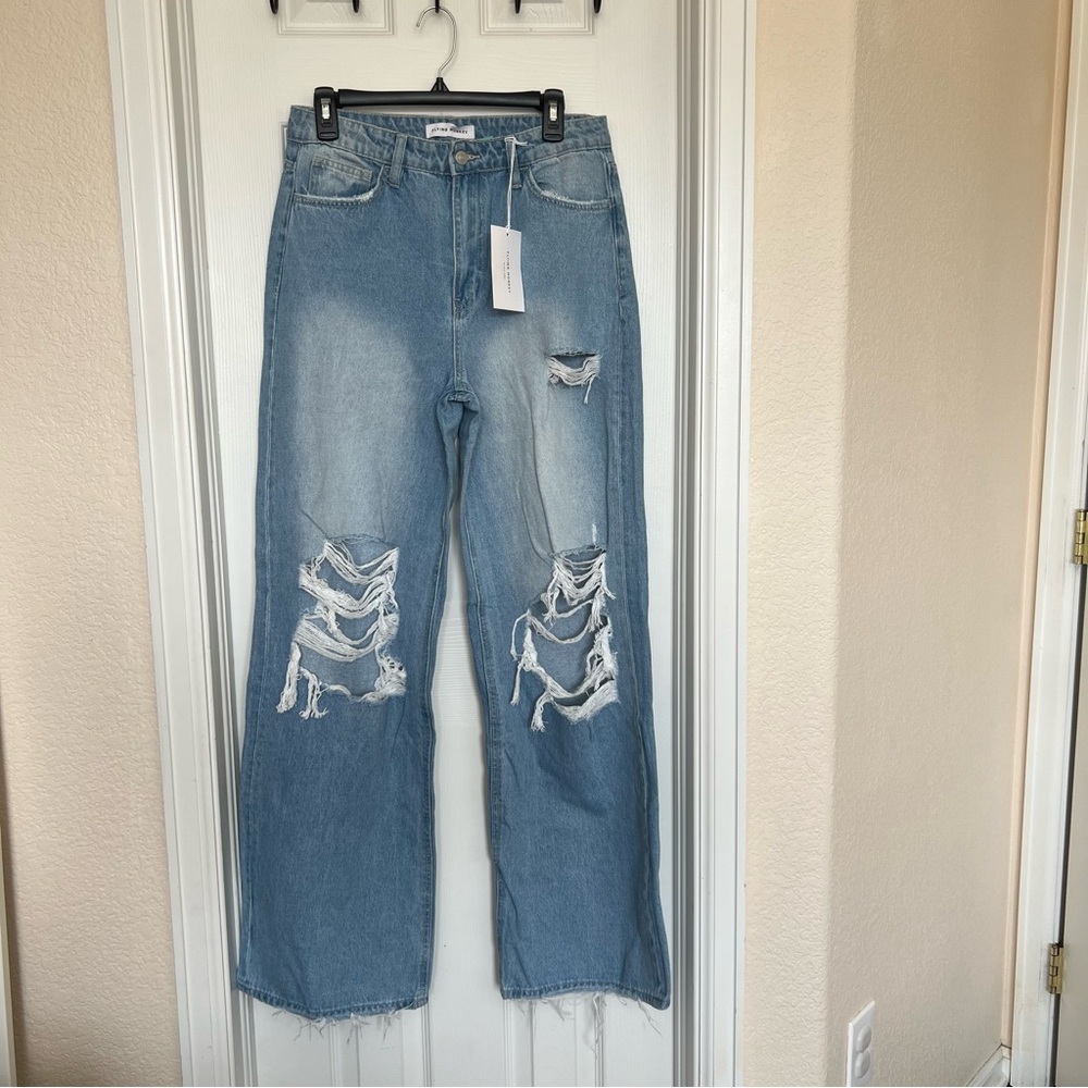 Flying Monkey Light Blue Distressed Straight Leg Jeans